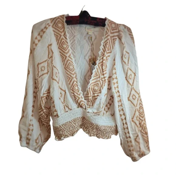 Surf Gypsy Island Tribal Top‎ M Caramel White Boho Peasant Blouse Crochet Beach - Picture 2 of 11